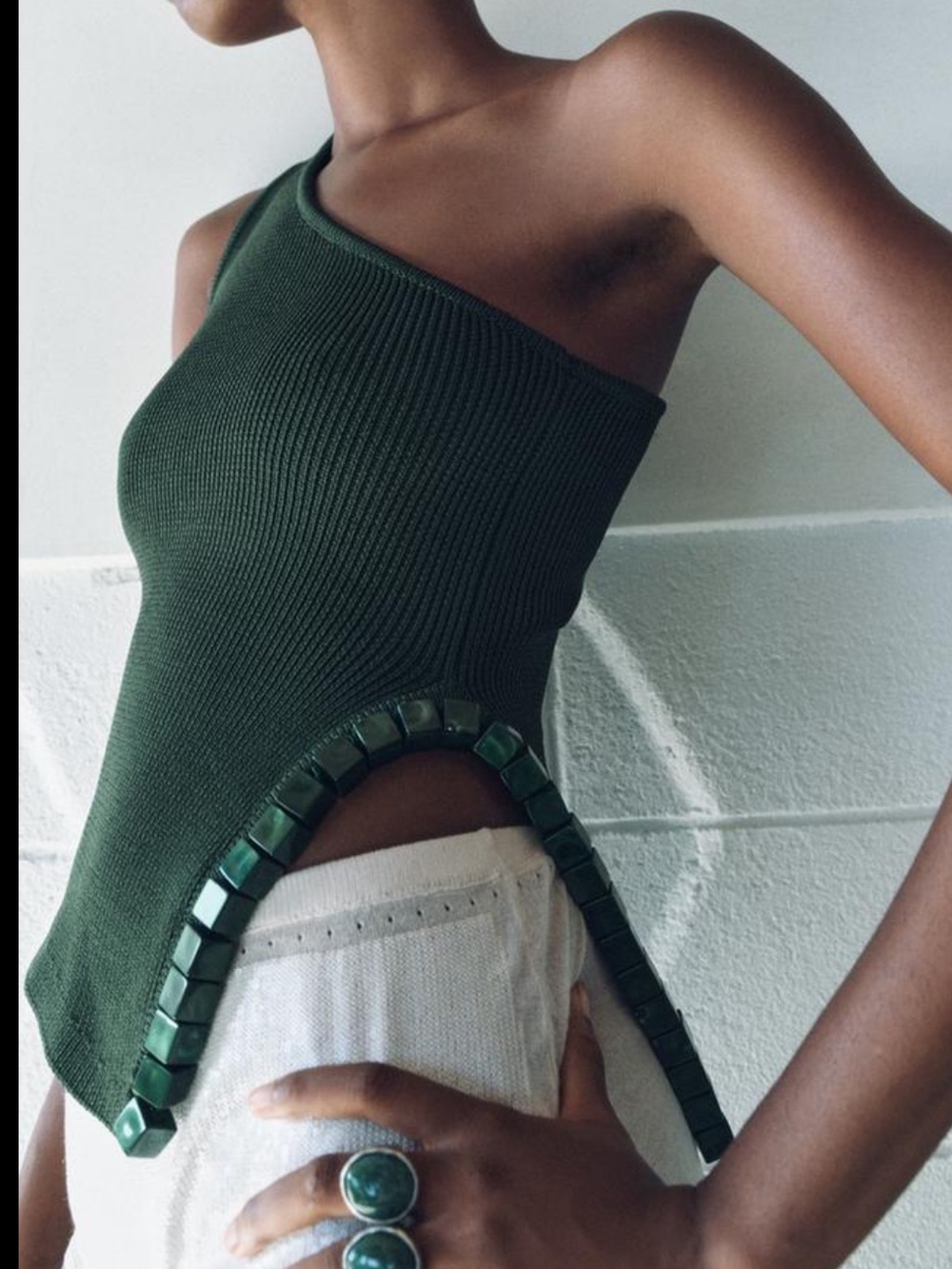 Zara One-Shoulder Ribbed Knit Top in Dark Green
